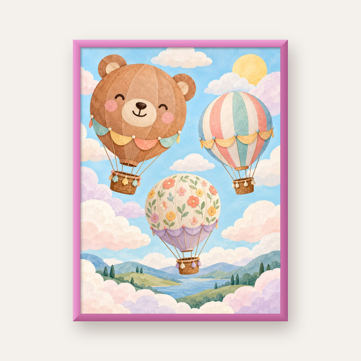 Çizimli Renkli Balonlar ve Manzara Çocuk Odası Posteri — pembe çerçeveli
