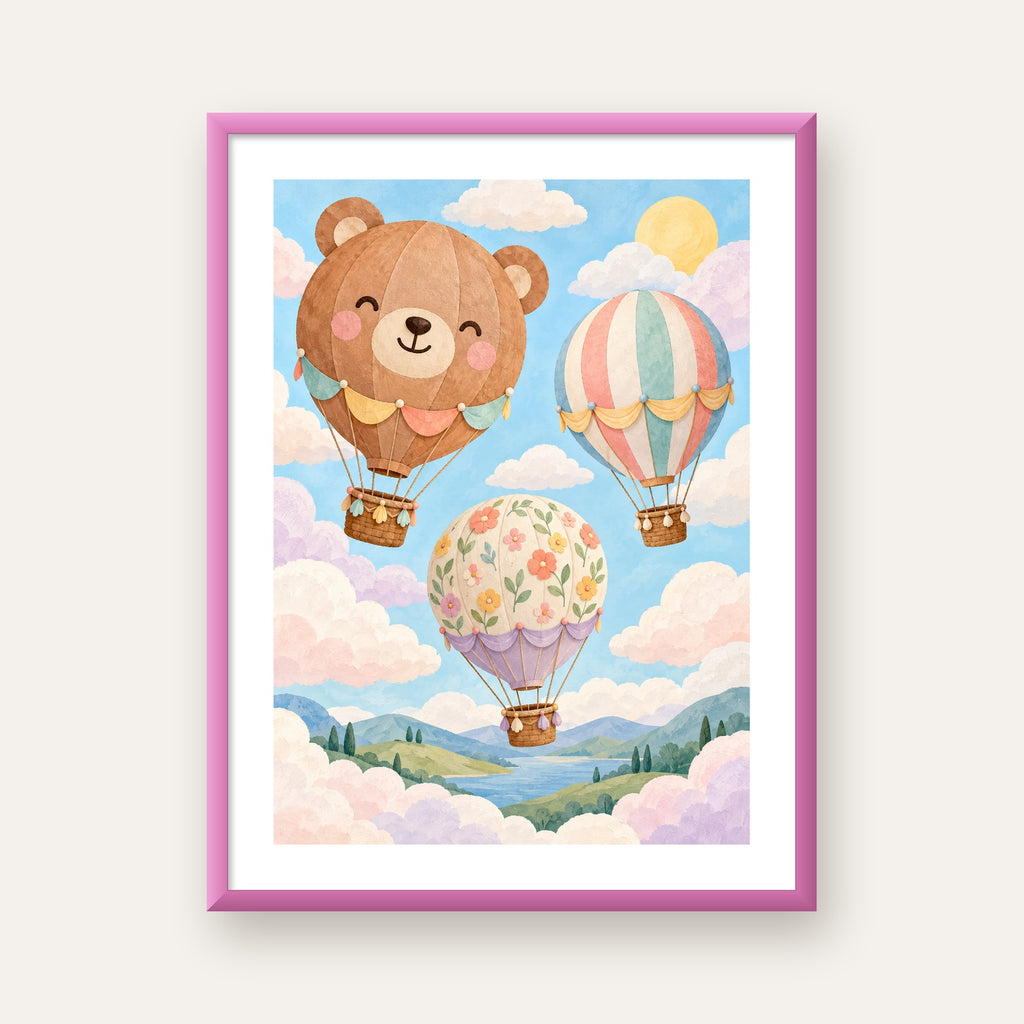 Çizimli Renkli Balonlar ve Manzara Çocuk Odası Posteri — pembe çerçeveli paspartulu