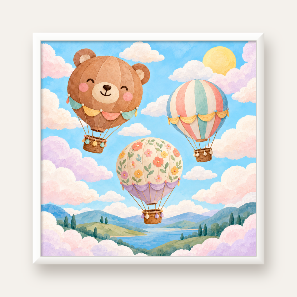 Çizimli Renkli Balonlar ve Manzara Çocuk Odası Posteri — beyaz çerçeveli kare poster