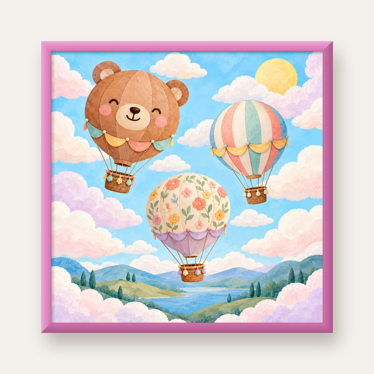 Çizimli Renkli Balonlar ve Manzara Çocuk Odası Posteri — pembe çerçeveli