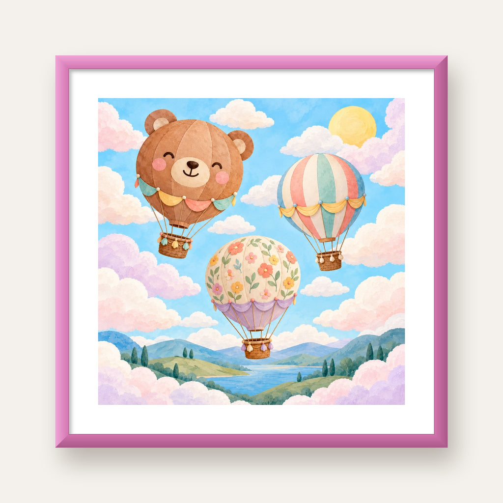 Çizimli Renkli Balonlar ve Manzara Çocuk Odası Posteri — pembe çerçeveli paspartulu