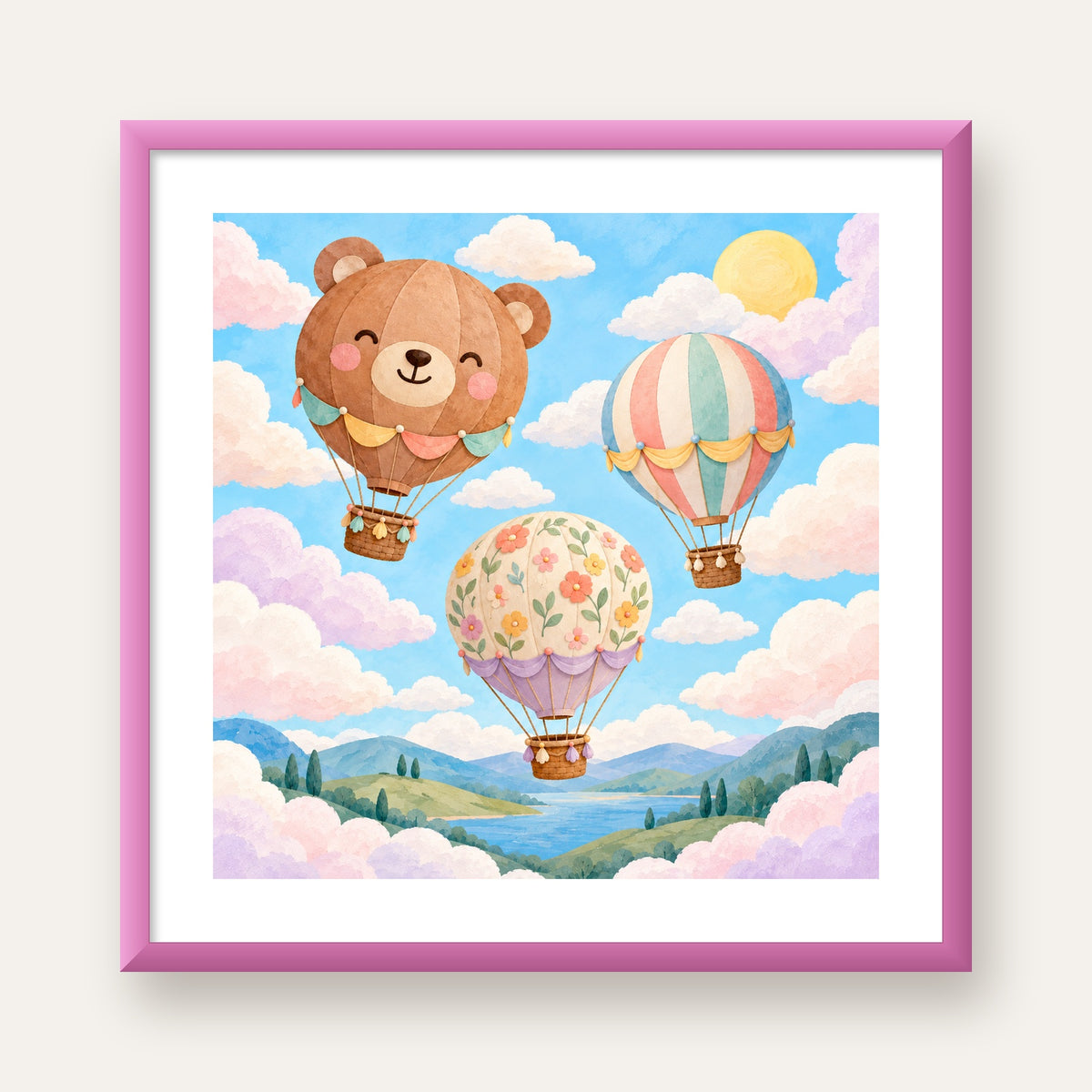 Çizimli Renkli Balonlar ve Manzara Çocuk Odası Posteri — pembe çerçeveli paspartulu