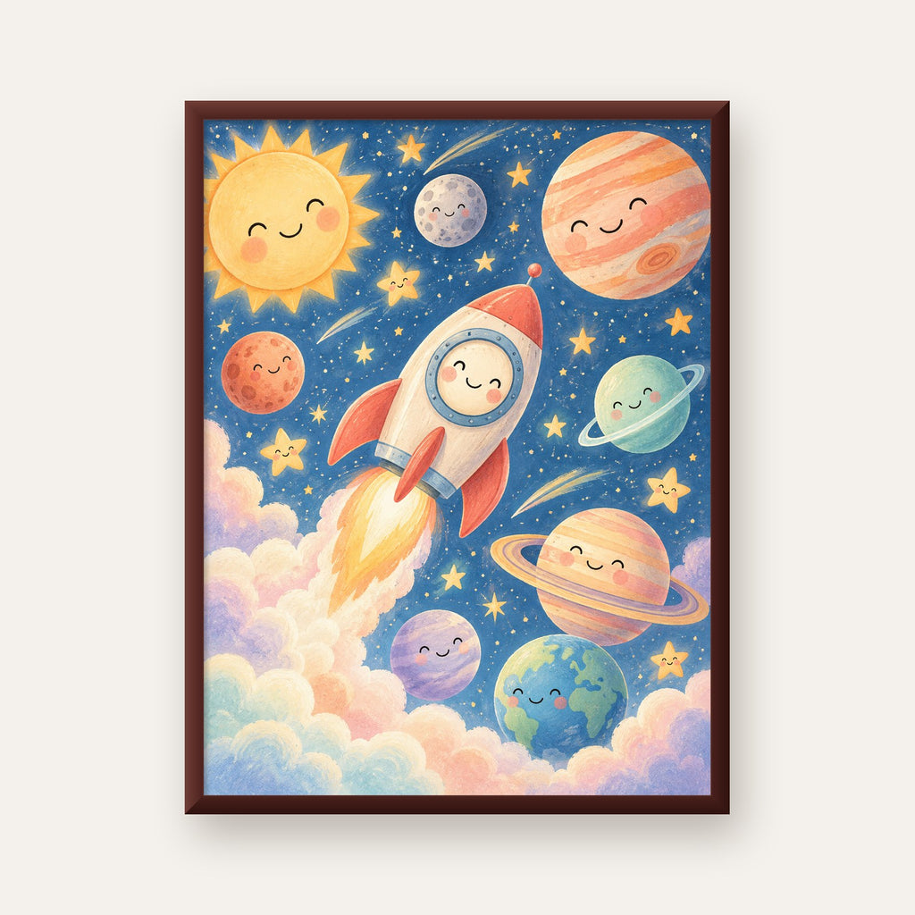 Sevimli Uzay ve Gezegenler Poster - Çocuk Odası Duvar Dekoru — ceviz çerçeveli