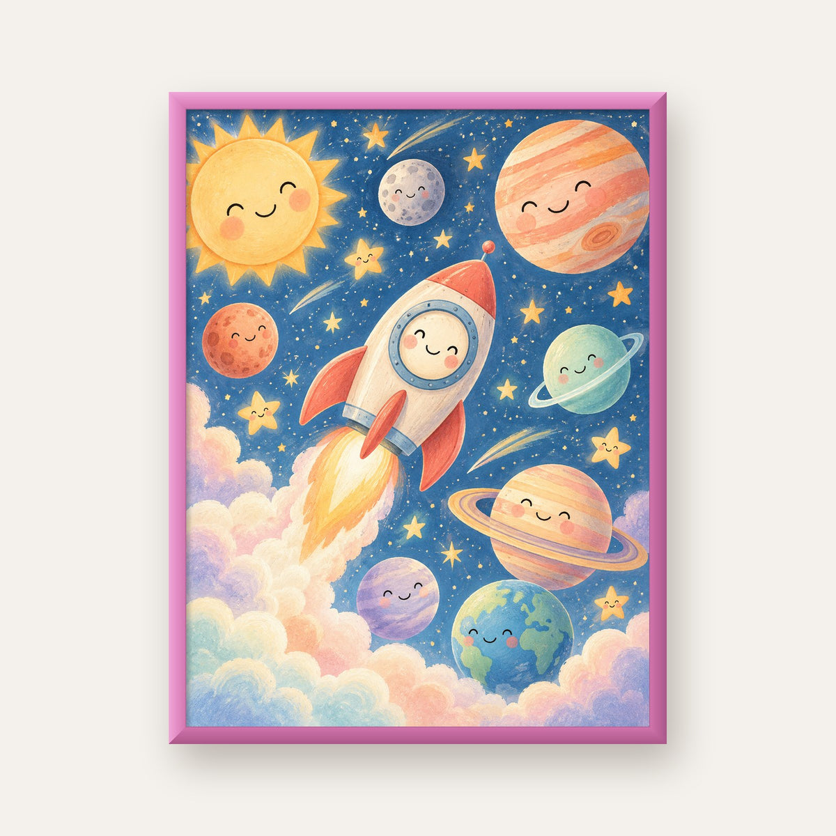 Sevimli Uzay ve Gezegenler Poster - Çocuk Odası Duvar Dekoru — pembe çerçeveli