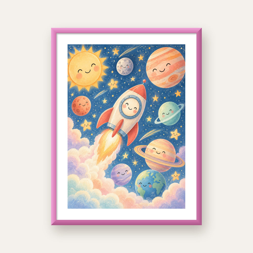 Sevimli Uzay ve Gezegenler Poster - Çocuk Odası Duvar Dekoru — pembe çerçeveli paspartulu