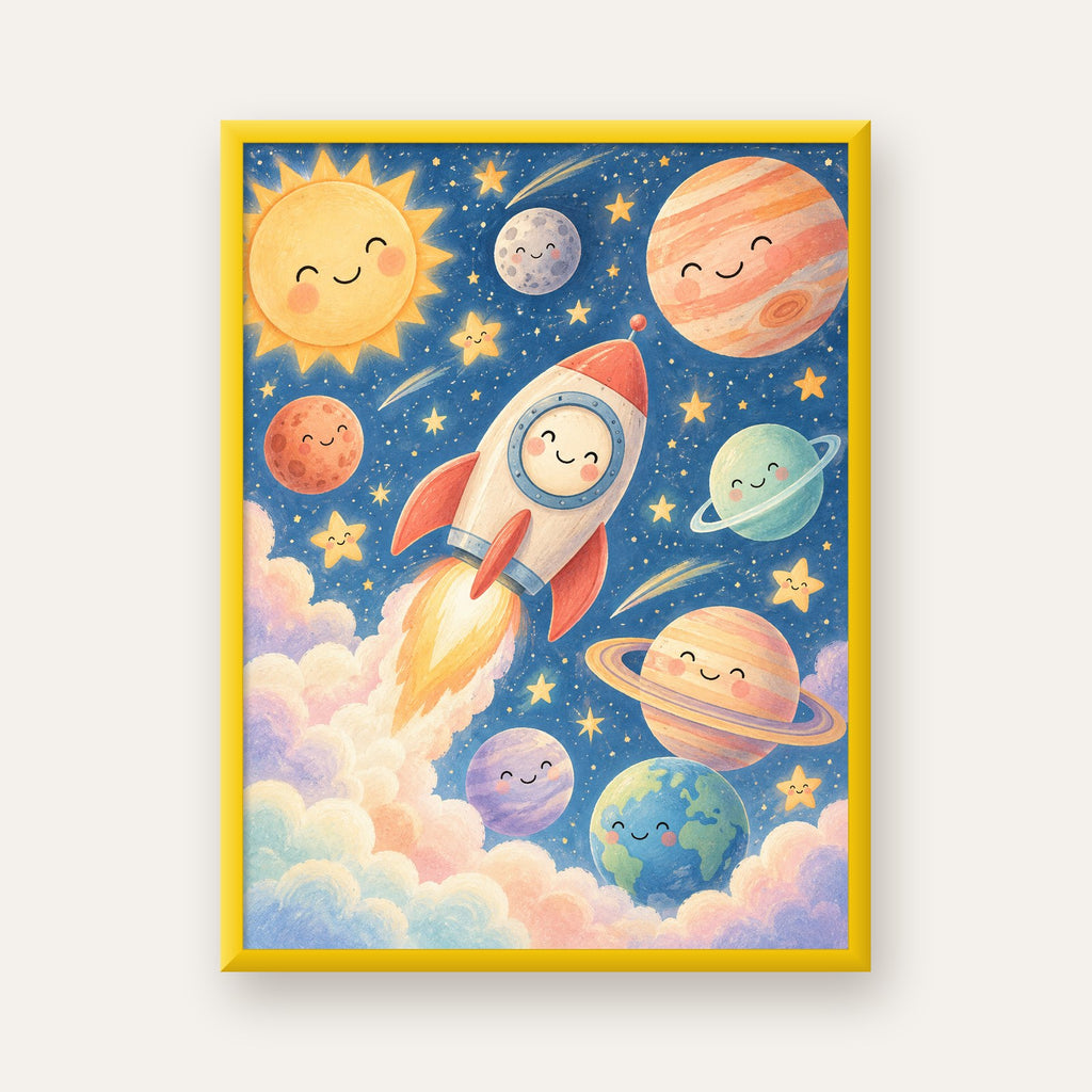 Sevimli Uzay ve Gezegenler Poster - Çocuk Odası Duvar Dekoru — sarı çerçeveli