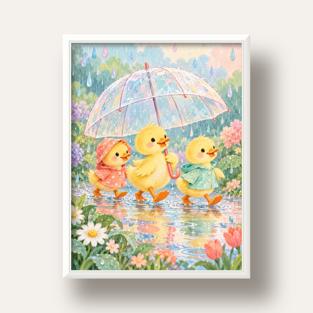 Şirin Yağmurda Yürüyen Ördek Yavruları Pastoral Poster — beyaz derin çerçeveli