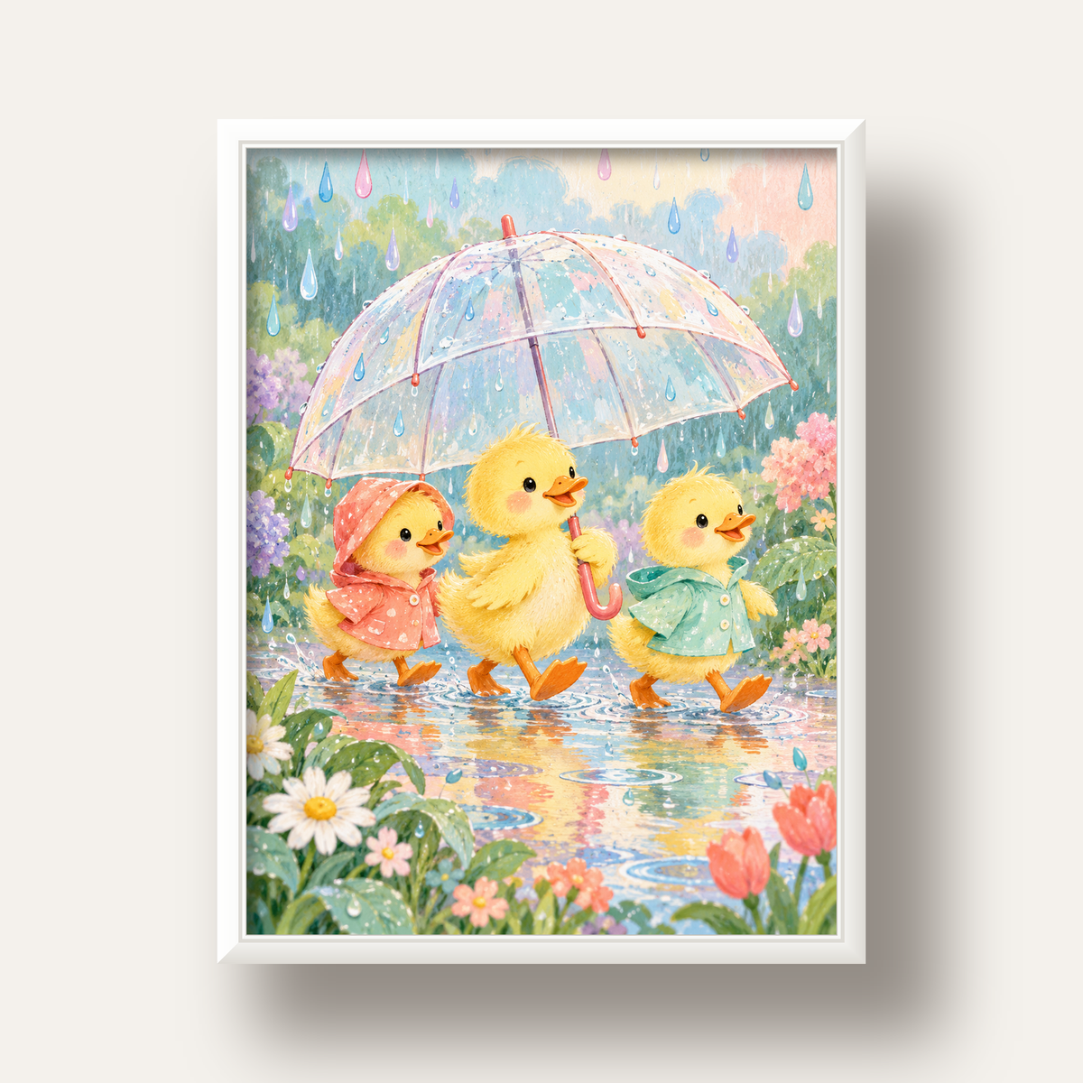 Şirin Yağmurda Yürüyen Ördek Yavruları Pastoral Poster — beyaz derin çerçeveli