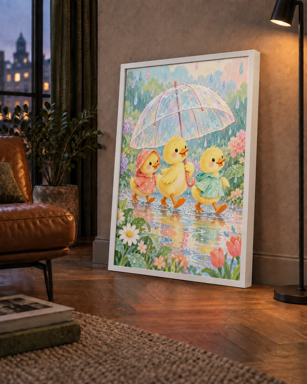 Şirin Yağmurda Yürüyen Ördek Yavruları Pastoral Poster