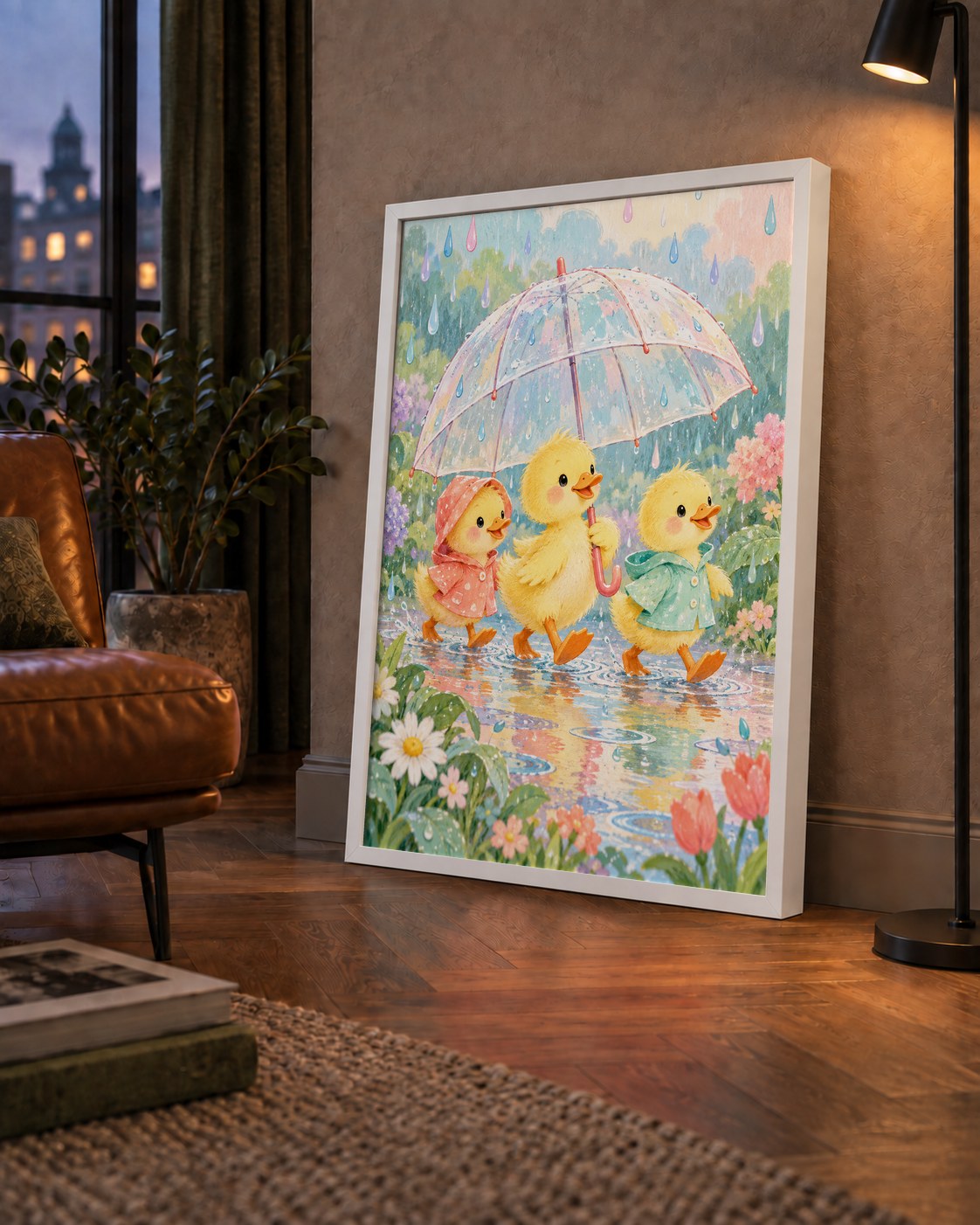 Şirin Yağmurda Yürüyen Ördek Yavruları Pastoral Poster