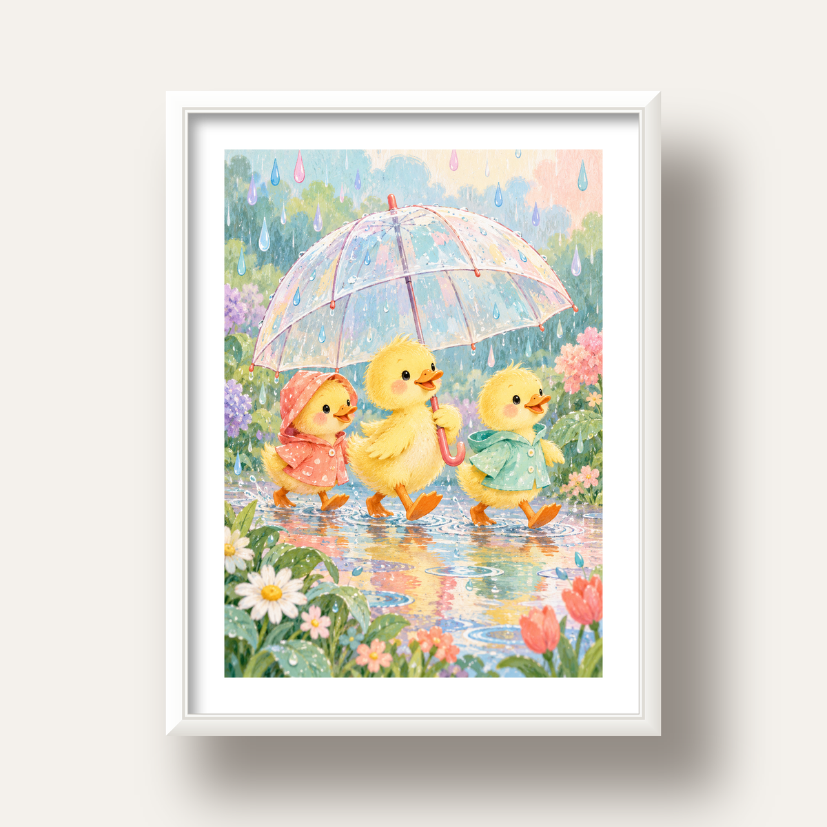 Şirin Yağmurda Yürüyen Ördek Yavruları Pastoral Poster — beyaz derin çerçeveli paspartulu