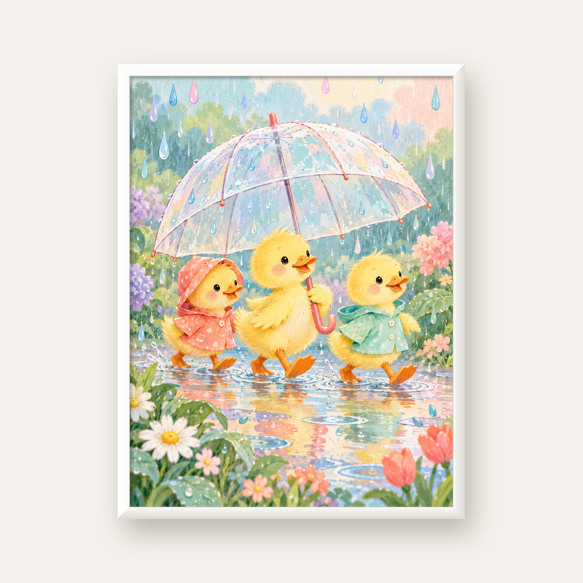 Şirin Yağmurda Yürüyen Ördek Yavruları Pastoral Poster — beyaz çerçeveli dikey poster