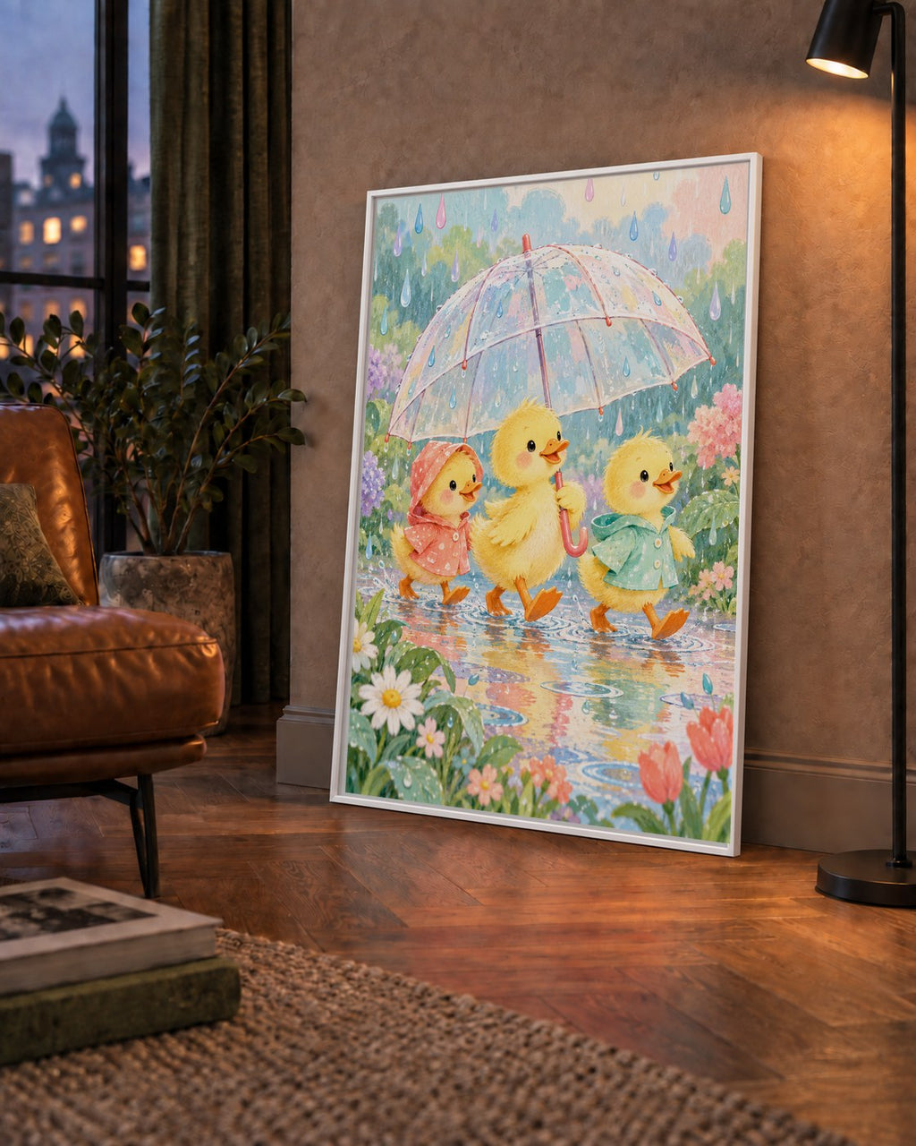 Şirin Yağmurda Yürüyen Ördek Yavruları Pastoral Poster