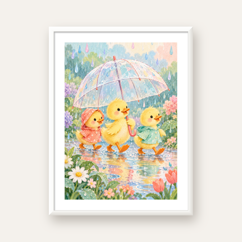 Şirin Yağmurda Yürüyen Ördek Yavruları Pastoral Poster — beyaz çerçeveli dikey poster