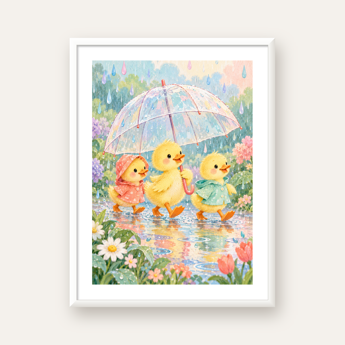 Şirin Yağmurda Yürüyen Ördek Yavruları Pastoral Poster — beyaz çerçeveli dikey poster