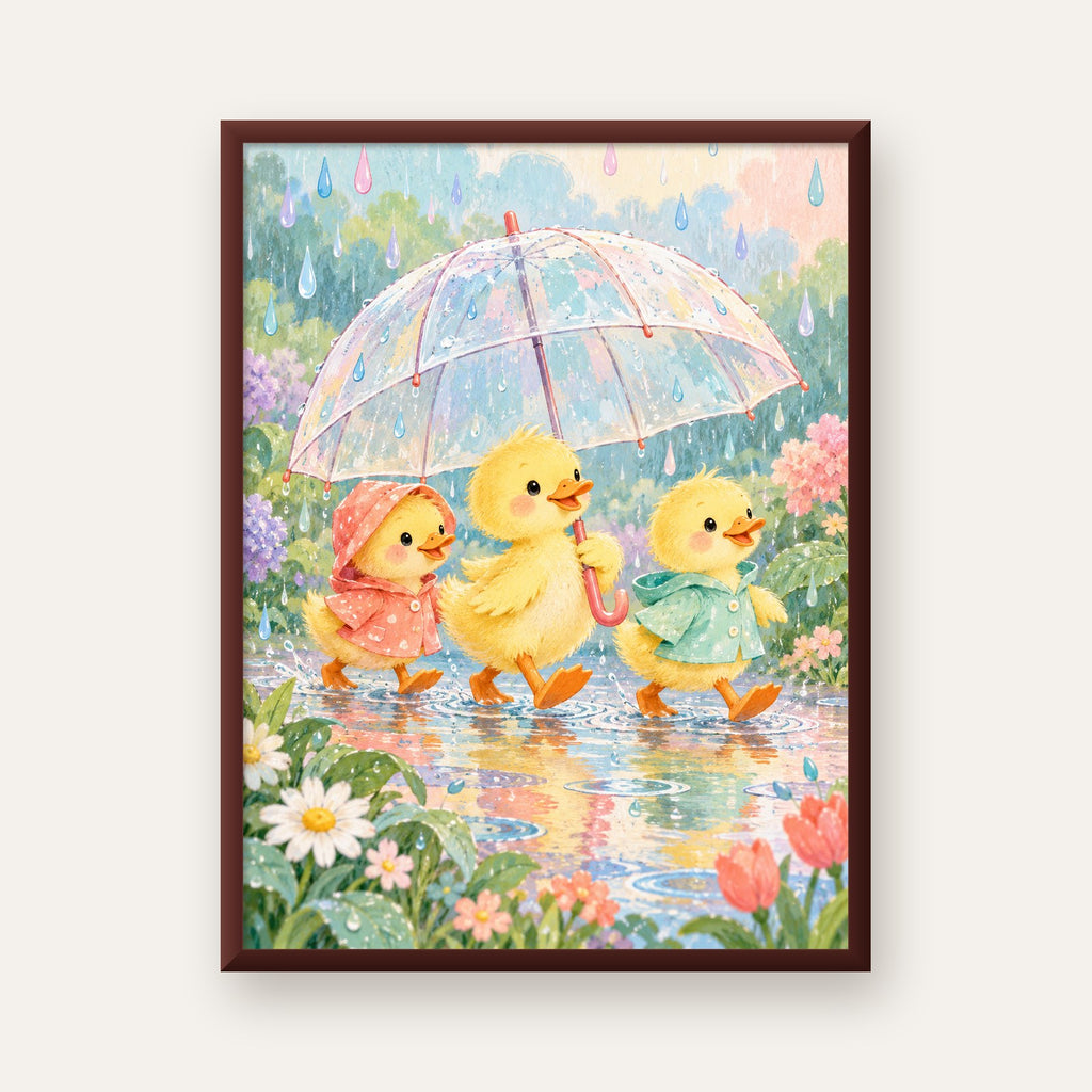 Şirin Yağmurda Yürüyen Ördek Yavruları Pastoral Poster — ceviz çerçeveli
