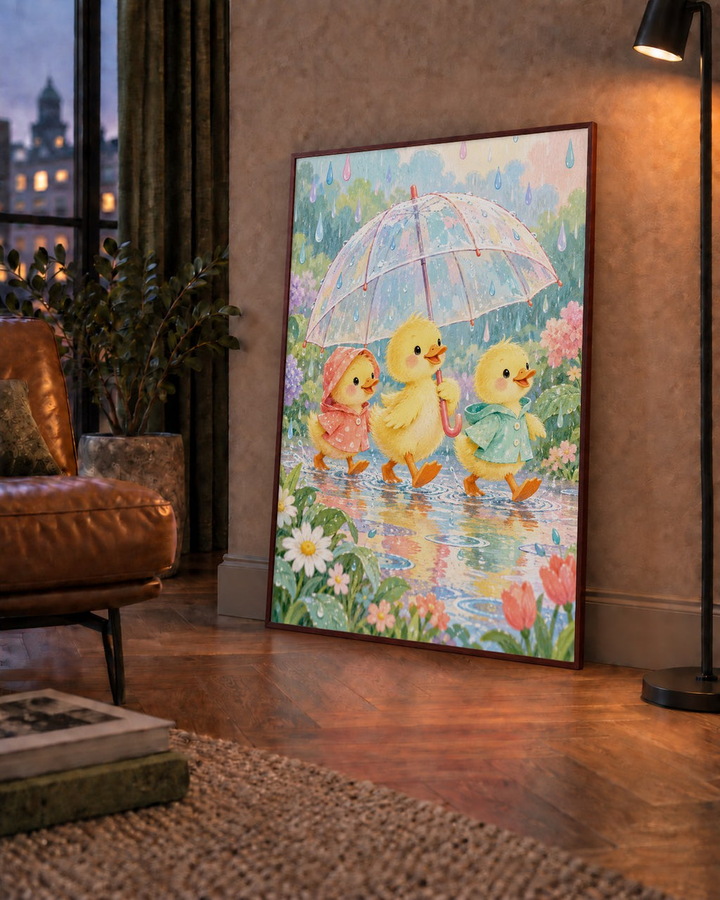 Şirin Yağmurda Yürüyen Ördek Yavruları Pastoral Poster