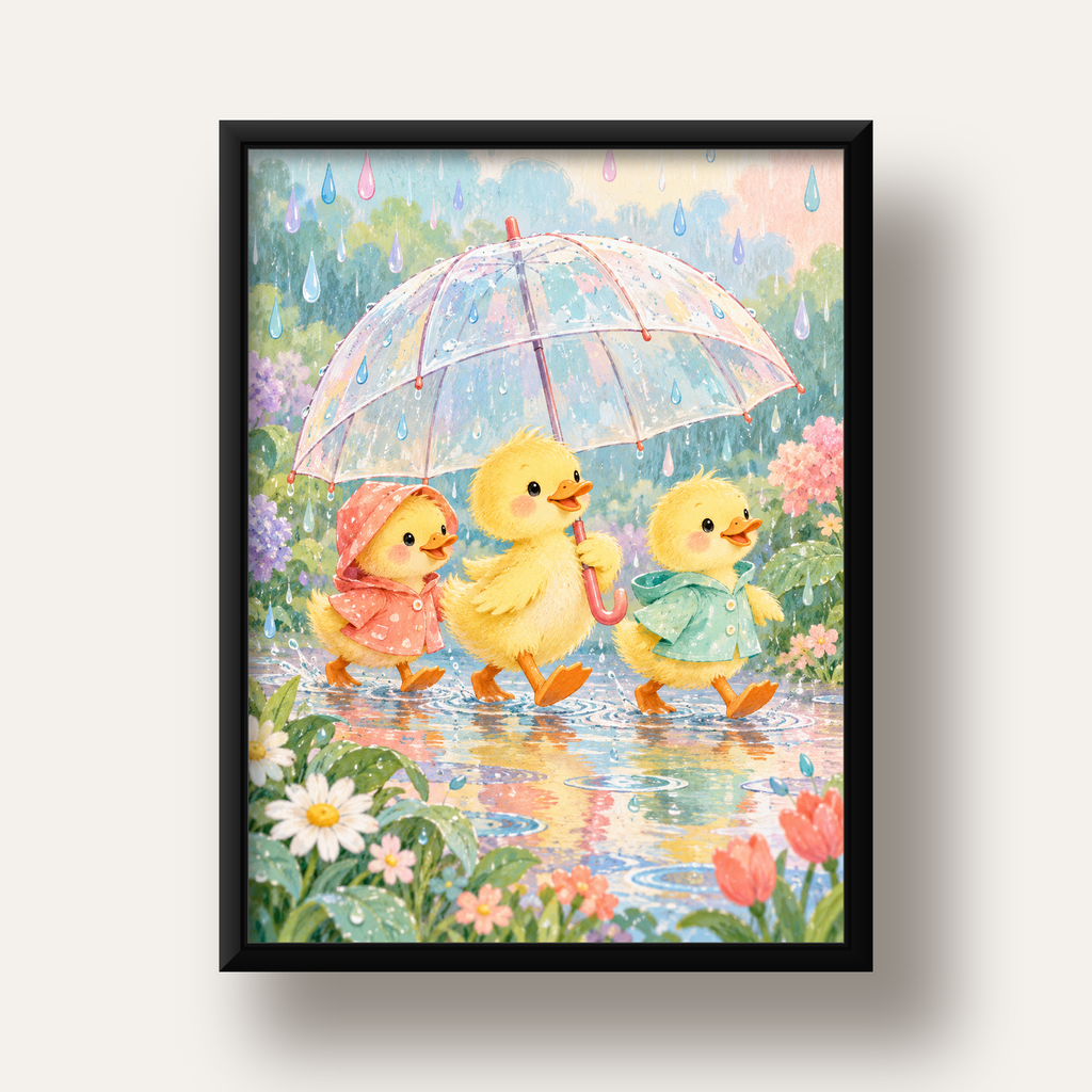 Şirin Yağmurda Yürüyen Ördek Yavruları Pastoral Poster — siyah derin çerçeveli