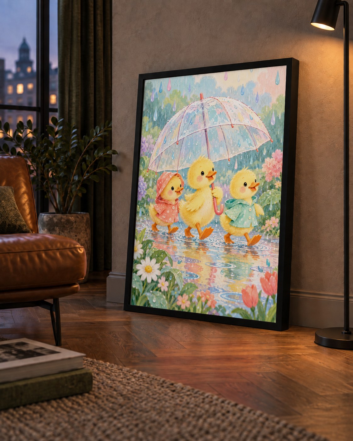 Şirin Yağmurda Yürüyen Ördek Yavruları Pastoral Poster