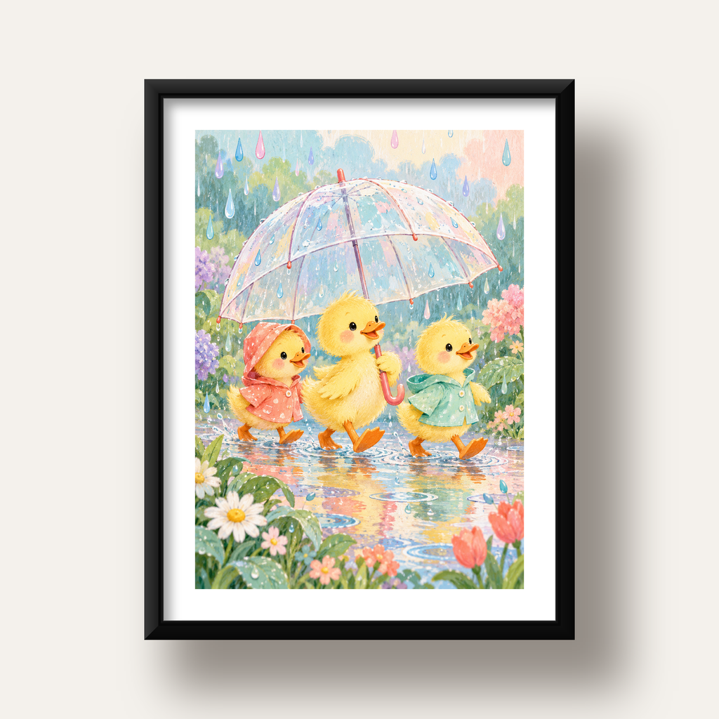 Şirin Yağmurda Yürüyen Ördek Yavruları Pastoral Poster — siyah derin çerçeveli paspartulu