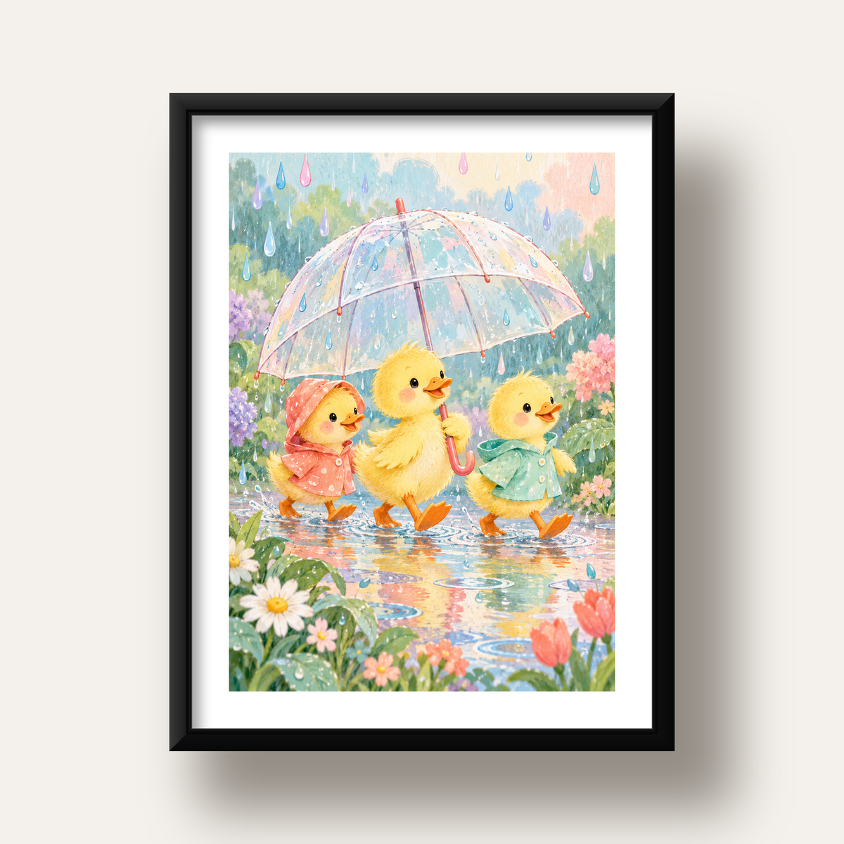 Şirin Yağmurda Yürüyen Ördek Yavruları Pastoral Poster — siyah derin çerçeveli paspartulu