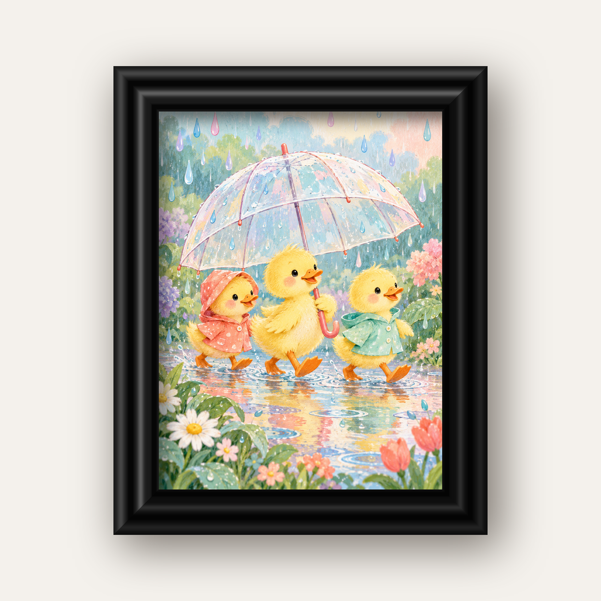 Şirin Yağmurda Yürüyen Ördek Yavruları Pastoral Poster — siyah galeri çerçeveli