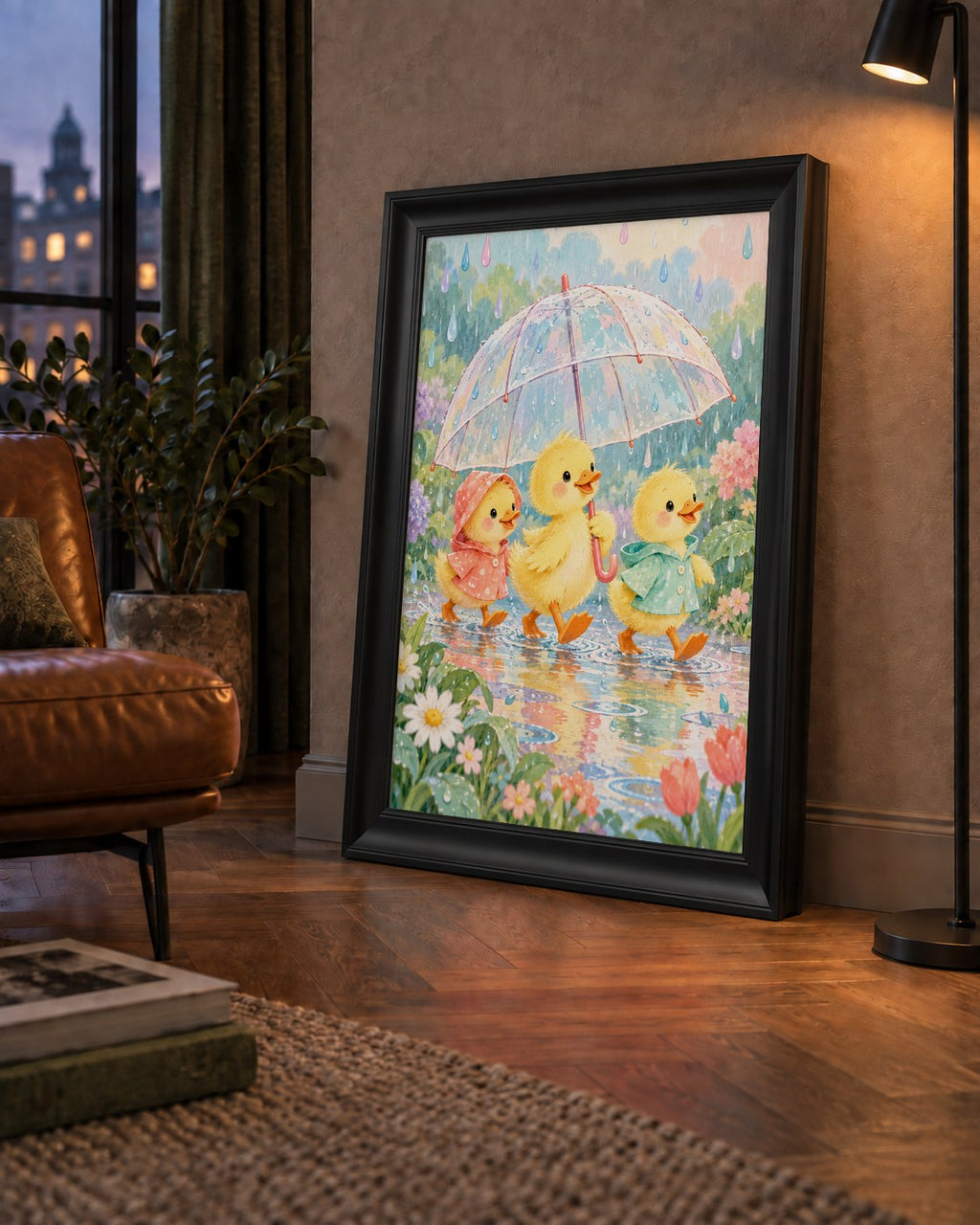 Şirin Yağmurda Yürüyen Ördek Yavruları Pastoral Poster