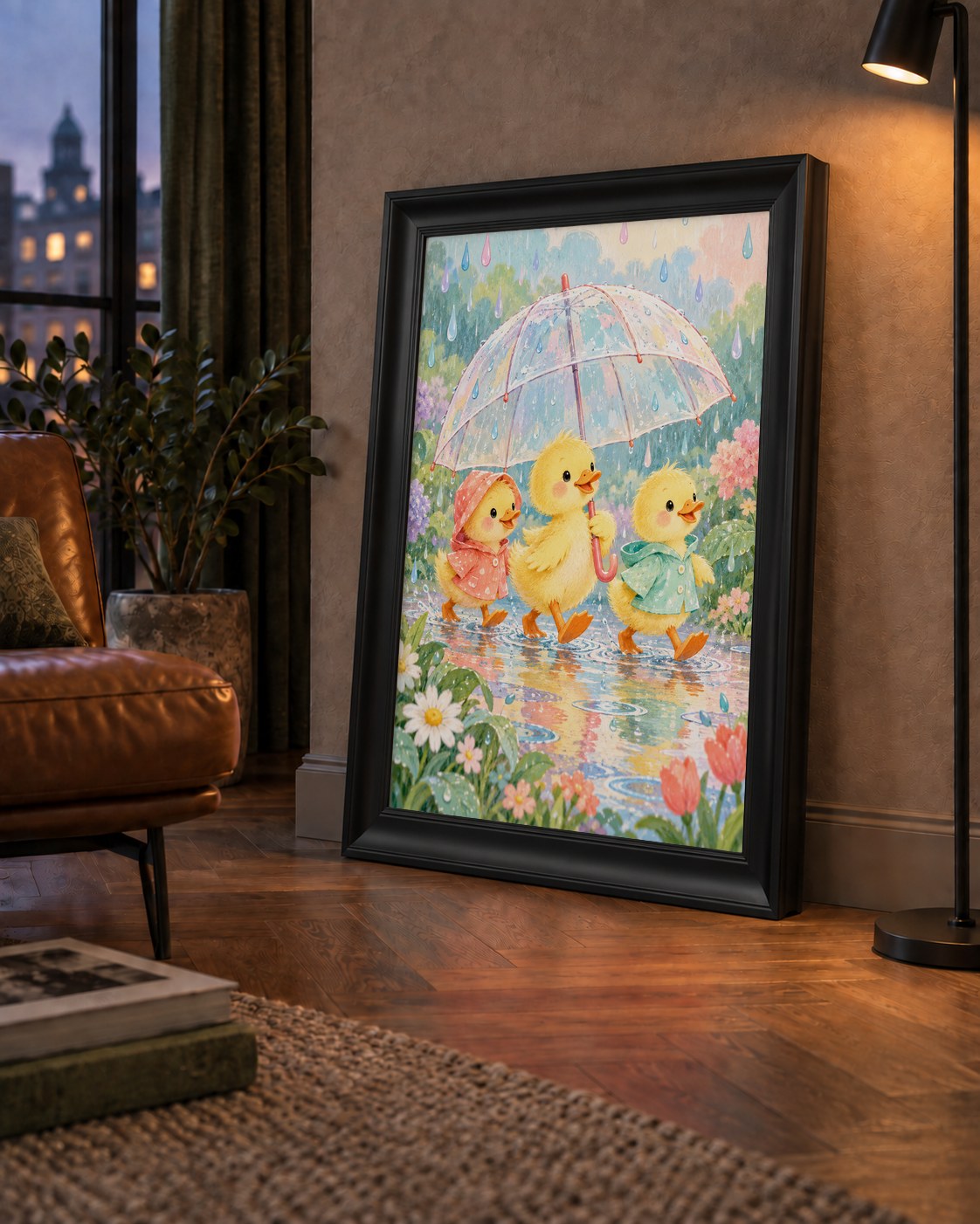 Şirin Yağmurda Yürüyen Ördek Yavruları Pastoral Poster