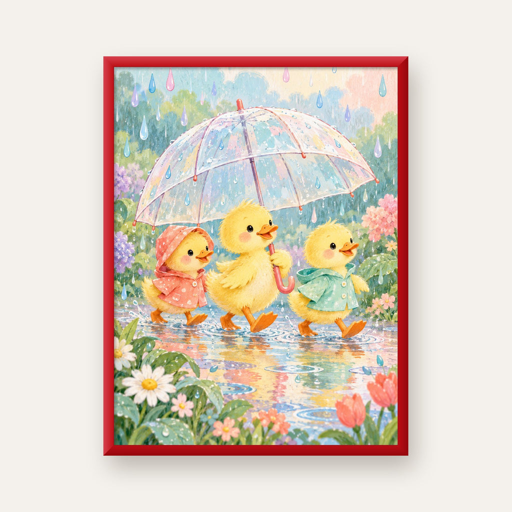 Şirin Yağmurda Yürüyen Ördek Yavruları Pastoral Poster — kırmızı çerçeveli