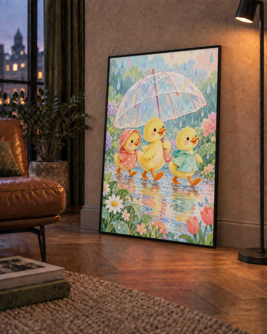 Şirin Yağmurda Yürüyen Ördek Yavruları Pastoral Poster