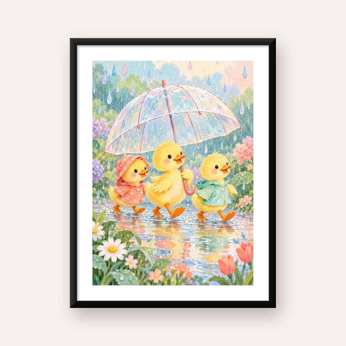 Şirin Yağmurda Yürüyen Ördek Yavruları Pastoral Poster — Dikey baskı, beyaz paspartulu