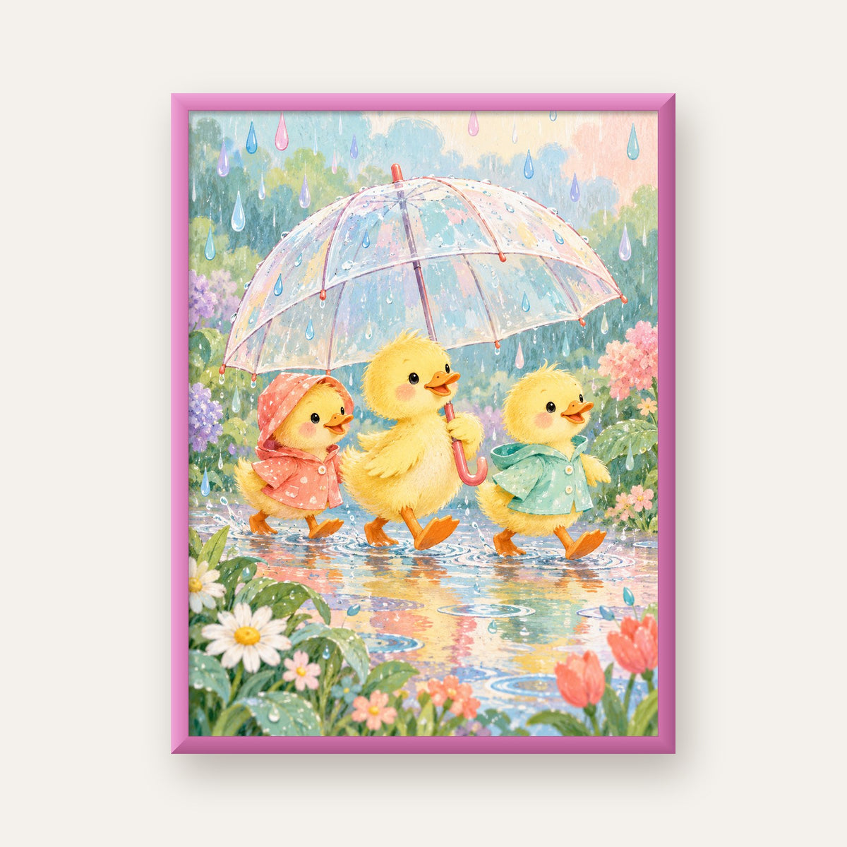Şirin Yağmurda Yürüyen Ördek Yavruları Pastoral Poster — pembe çerçeveli