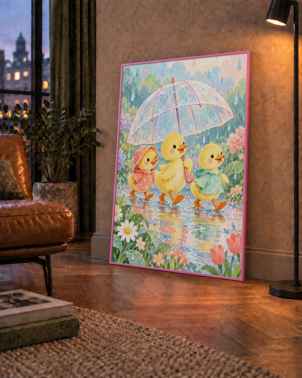 Şirin Yağmurda Yürüyen Ördek Yavruları Pastoral Poster