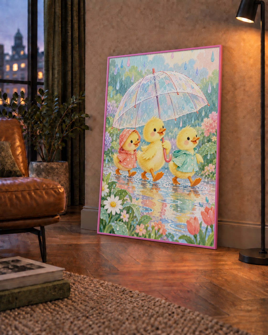 Şirin Yağmurda Yürüyen Ördek Yavruları Pastoral Poster