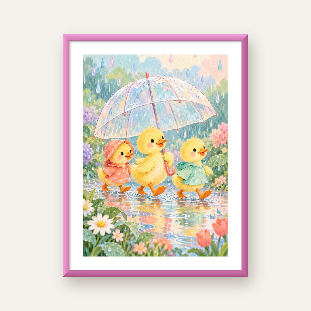 Şirin Yağmurda Yürüyen Ördek Yavruları Pastoral Poster — pembe çerçeveli paspartulu