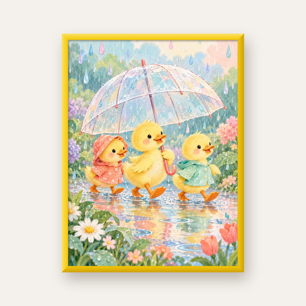 Şirin Yağmurda Yürüyen Ördek Yavruları Pastoral Poster — sarı çerçeveli