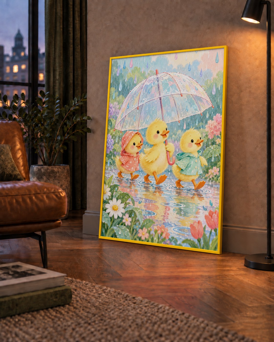 Şirin Yağmurda Yürüyen Ördek Yavruları Pastoral Poster