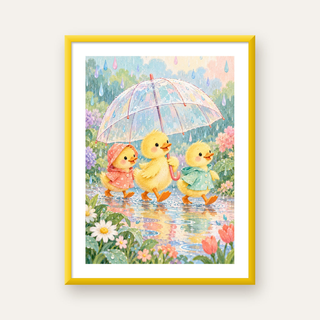Şirin Yağmurda Yürüyen Ördek Yavruları Pastoral Poster — sarı çerçeveli paspartulu
