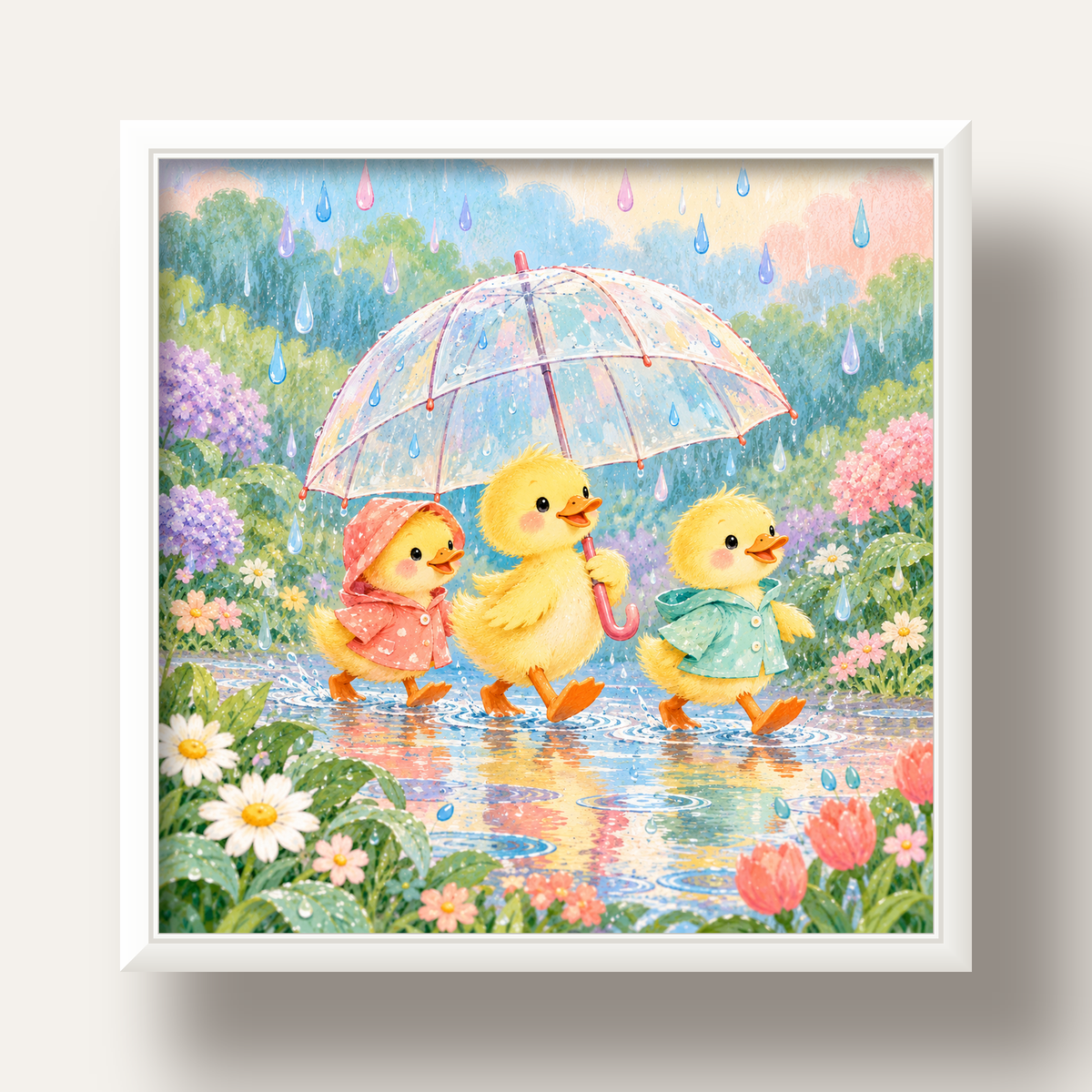 Şirin Yağmurda Yürüyen Ördek Yavruları Pastoral Poster — beyaz derin çerçeveli