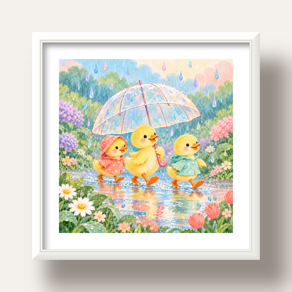 Şirin Yağmurda Yürüyen Ördek Yavruları Pastoral Poster — beyaz derin çerçeveli paspartulu