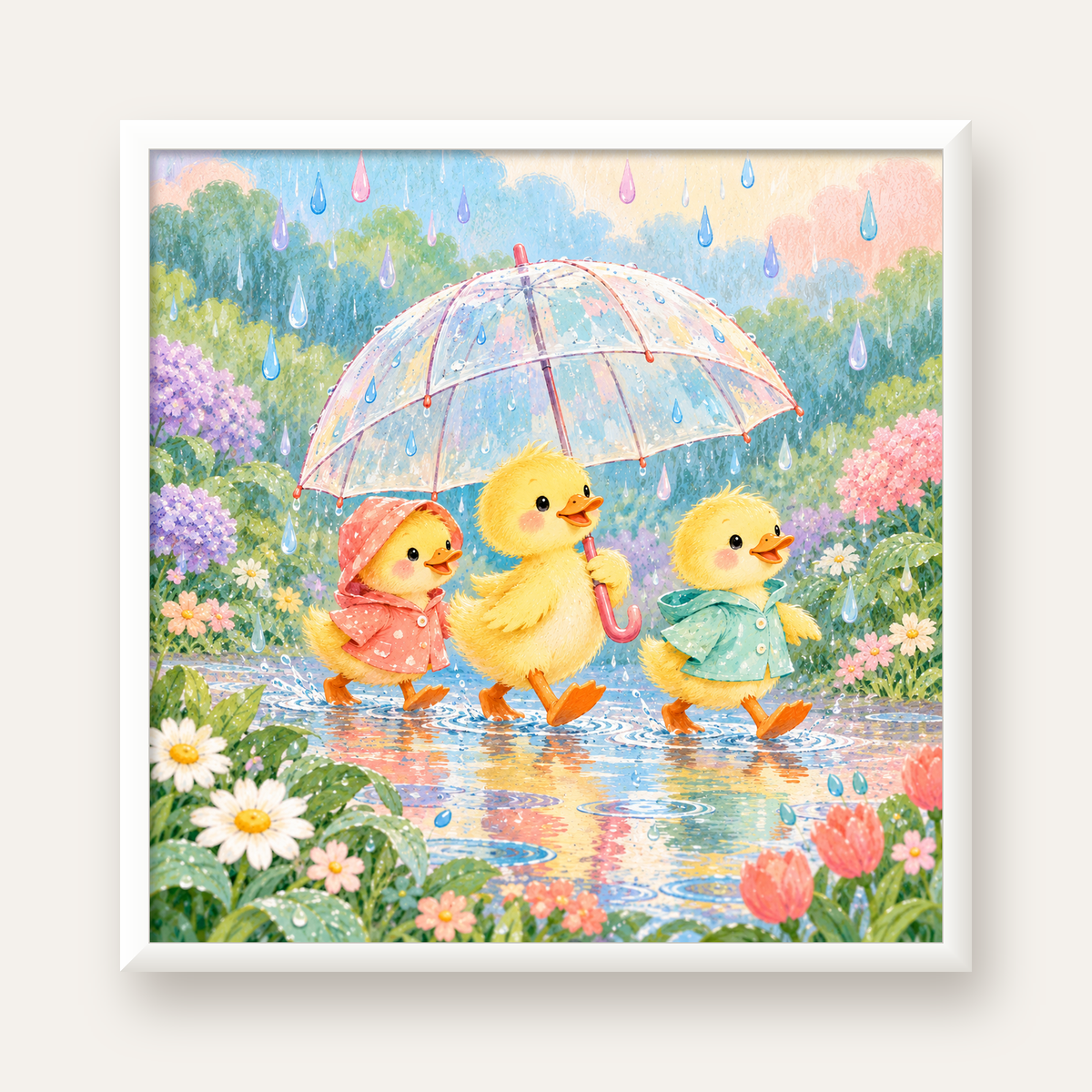 Şirin Yağmurda Yürüyen Ördek Yavruları Pastoral Poster — beyaz çerçeveli kare poster