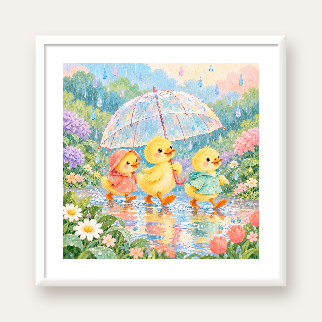 Şirin Yağmurda Yürüyen Ördek Yavruları Pastoral Poster — beyaz çerçeveli kare poster