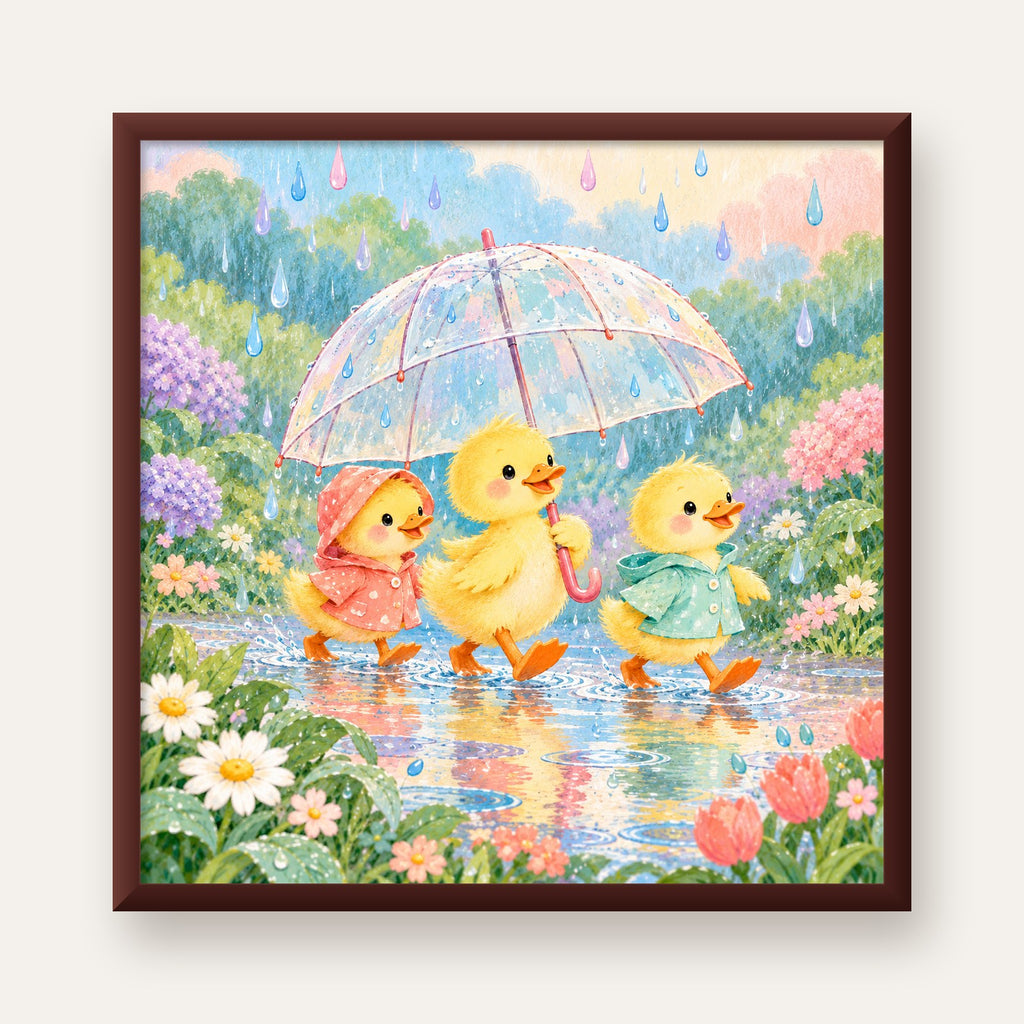Şirin Yağmurda Yürüyen Ördek Yavruları Pastoral Poster — ceviz çerçeveli