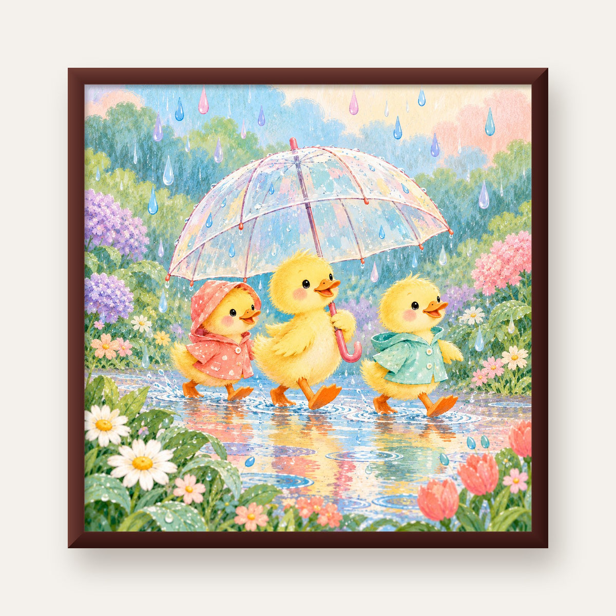 Şirin Yağmurda Yürüyen Ördek Yavruları Pastoral Poster — ceviz çerçeveli