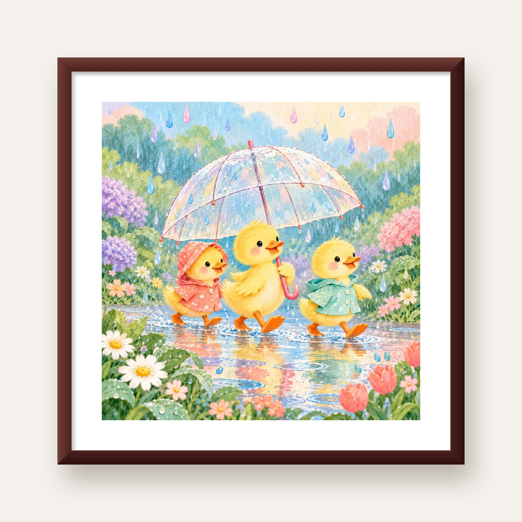 Şirin Yağmurda Yürüyen Ördek Yavruları Pastoral Poster — ceviz çerçeveli paspartulu