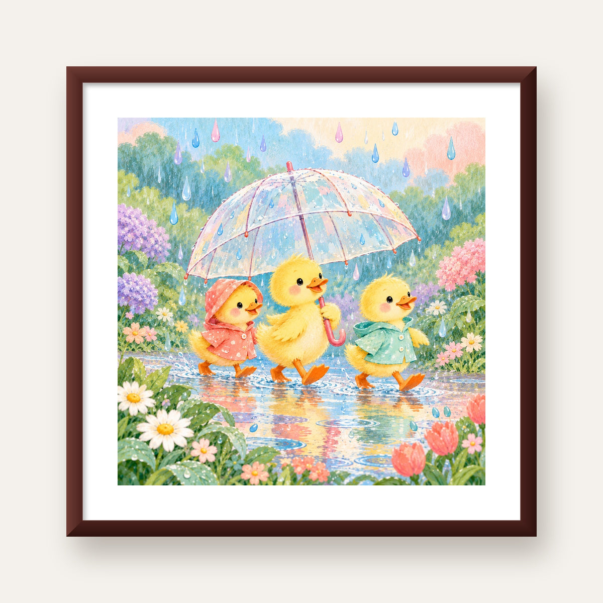 Şirin Yağmurda Yürüyen Ördek Yavruları Pastoral Poster — ceviz çerçeveli paspartulu