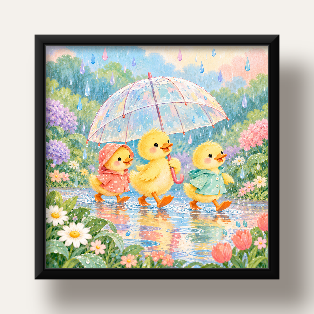 Şirin Yağmurda Yürüyen Ördek Yavruları Pastoral Poster — siyah derin çerçeveli