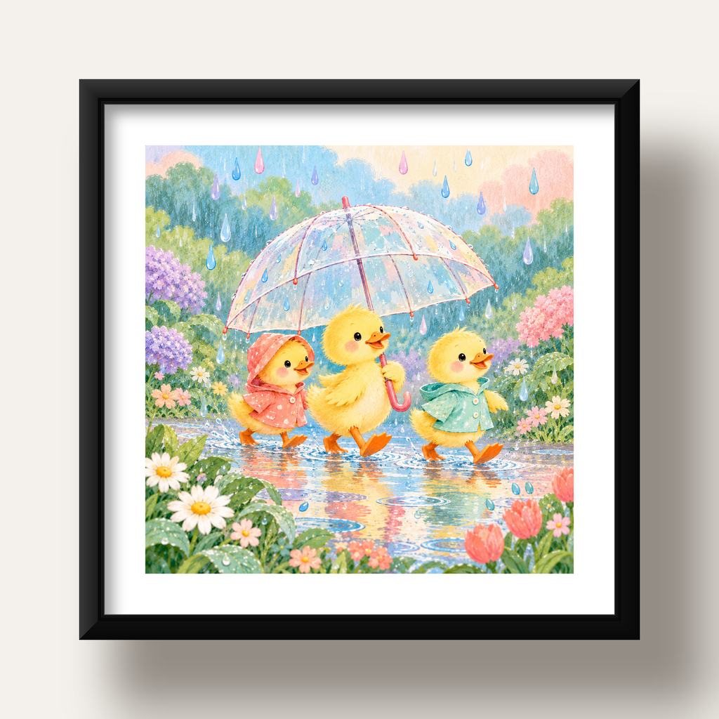 Şirin Yağmurda Yürüyen Ördek Yavruları Pastoral Poster — siyah derin çerçeveli paspartulu