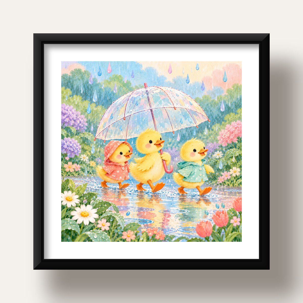 Şirin Yağmurda Yürüyen Ördek Yavruları Pastoral Poster — siyah derin çerçeveli paspartulu