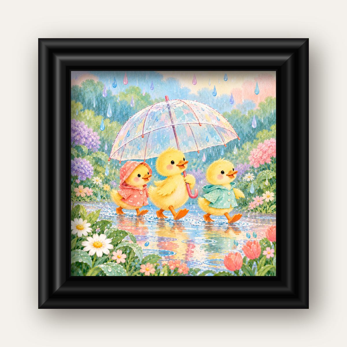 Şirin Yağmurda Yürüyen Ördek Yavruları Pastoral Poster — siyah galeri çerçeveli